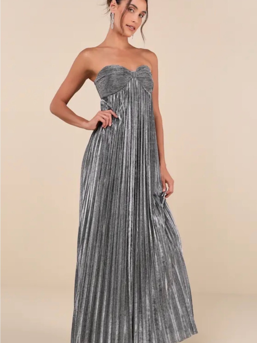 Lulu's Silver Strapless Pleated Velvet Maxi Dress